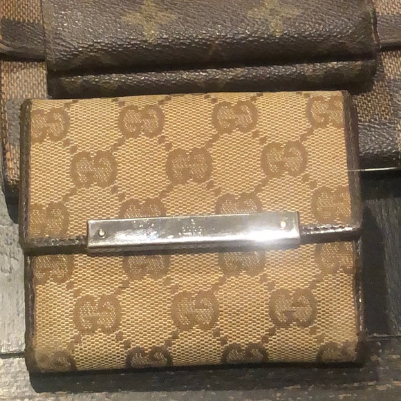 GUCCI GG Trifold Canvas Jacquard Wallet Tan Brown Leather Accent - Picture 17 of 17